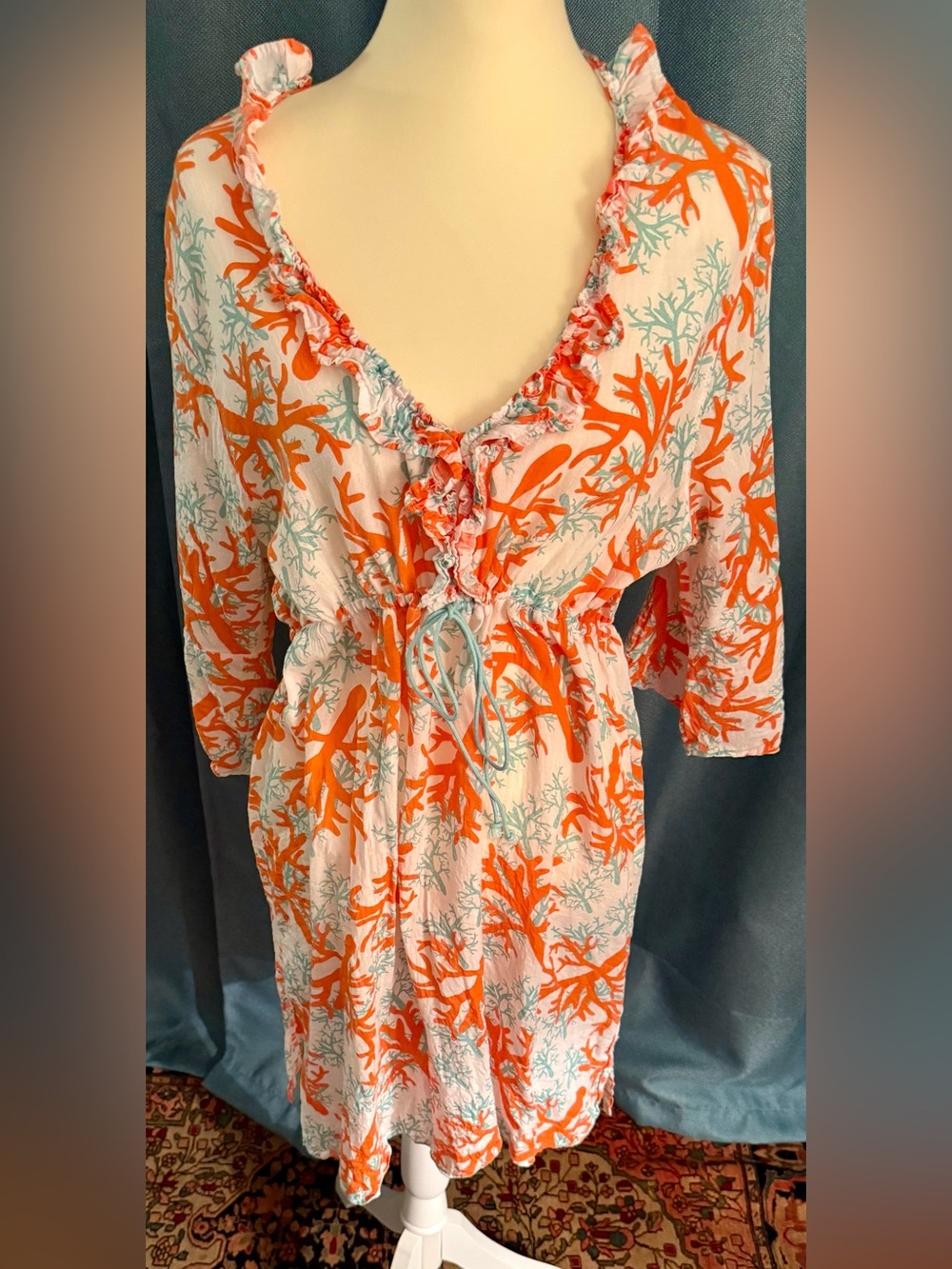 Mud Pie Aqua & Coral-Print on White Linen Tunic with Ruffle Collar and tie waist